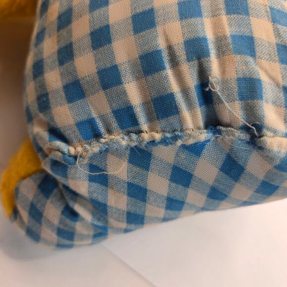 Vintage 1980s Plush Chick Yellow Stuffed Animal in Blue Gingham Romper Haiti - Picture 10 of 13